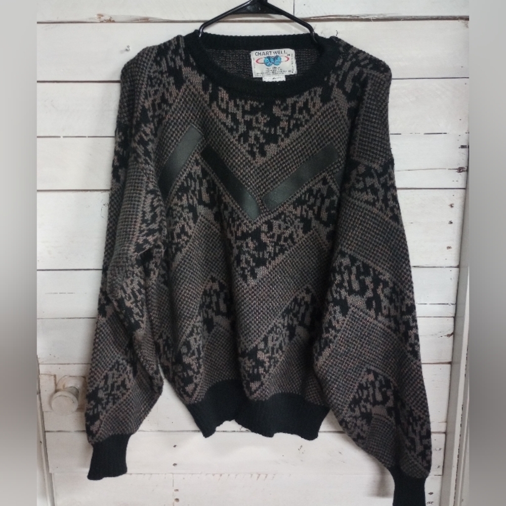 Vintage Chartwell 80's Mens Size Medium Sweater Geometric Design Leather Patches
